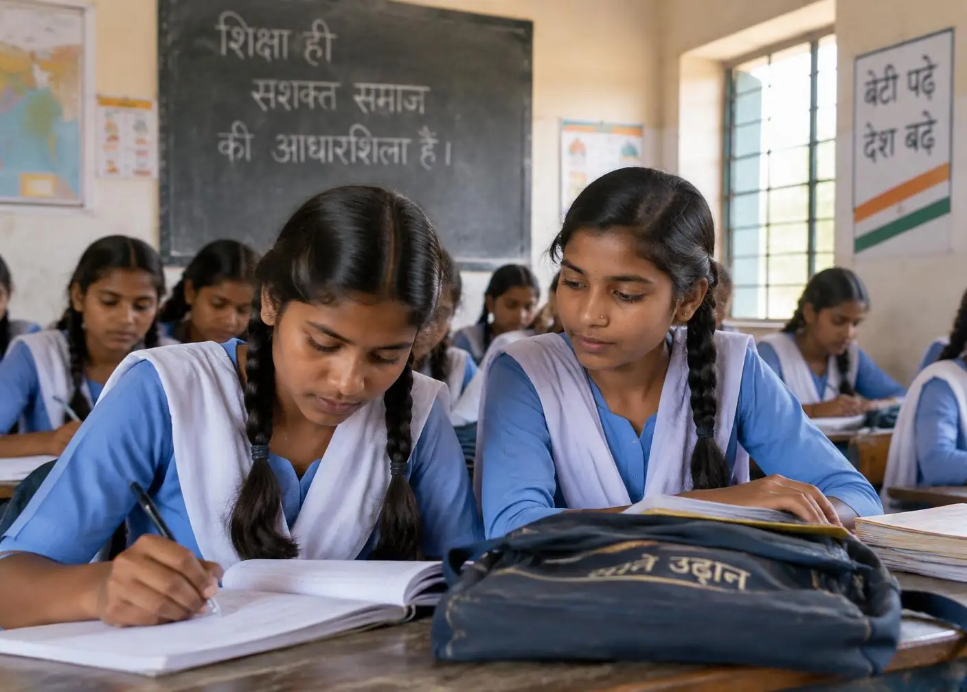 Two schoolgirls in uniform writing in their notebooks in a village government school classroom