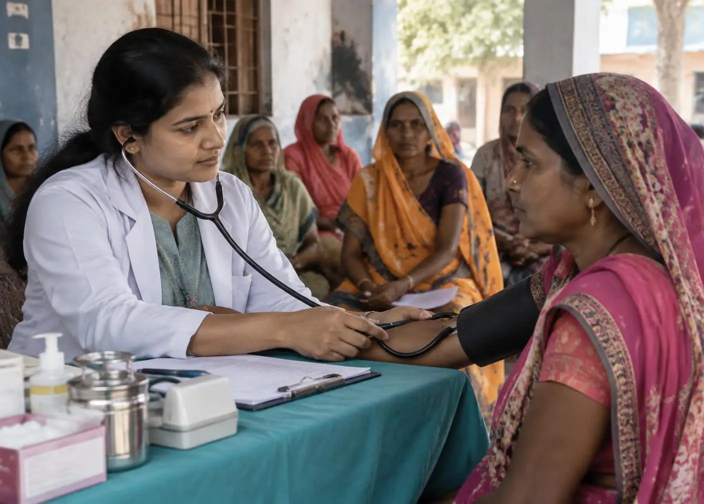 A female doctor checking a woman's blood pressure at a rural health camp while other women wait nearby