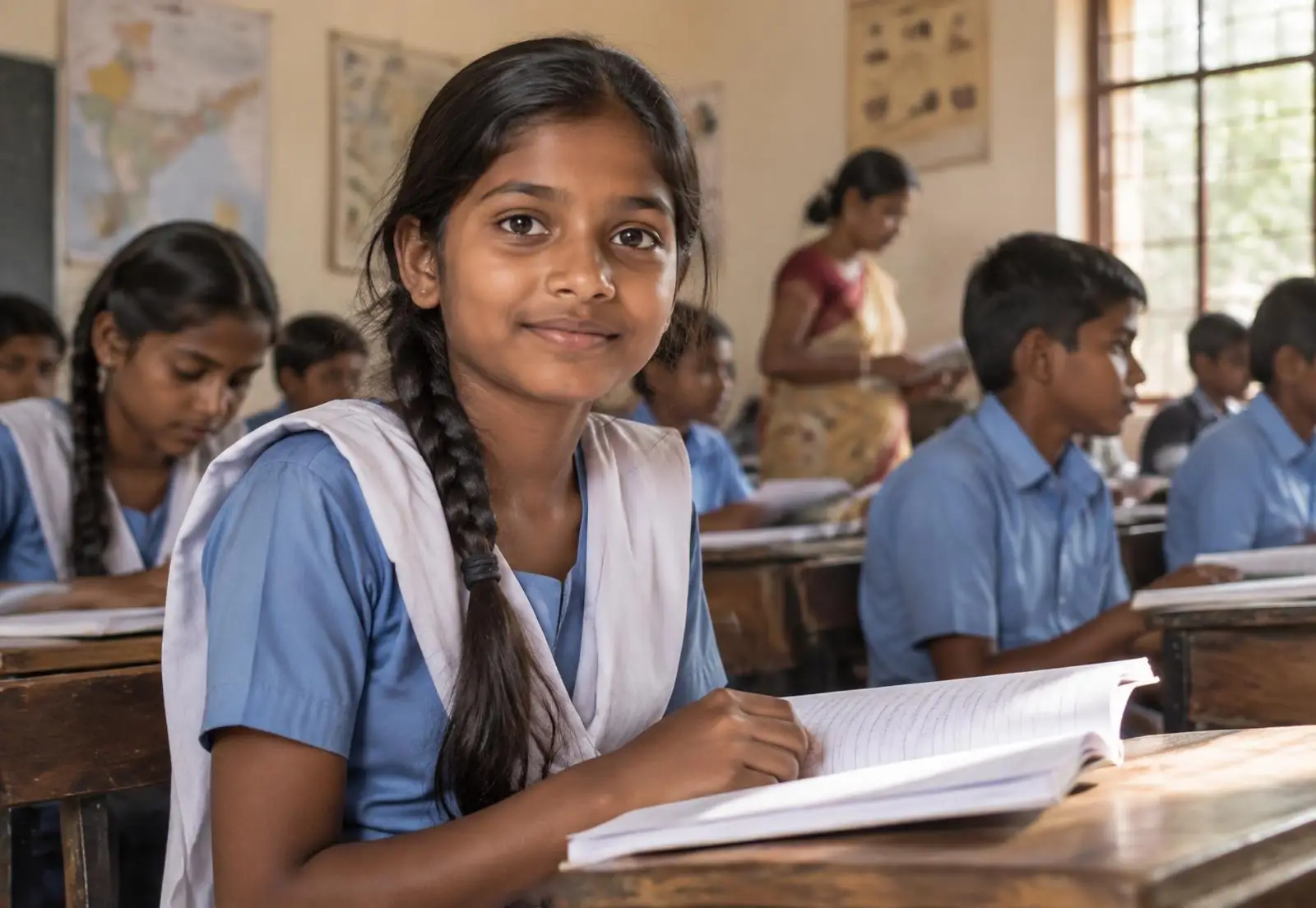 A schoolgirl in a rural Uttar Pradesh classroom sitting at her desk with an open notebook, lit by window light