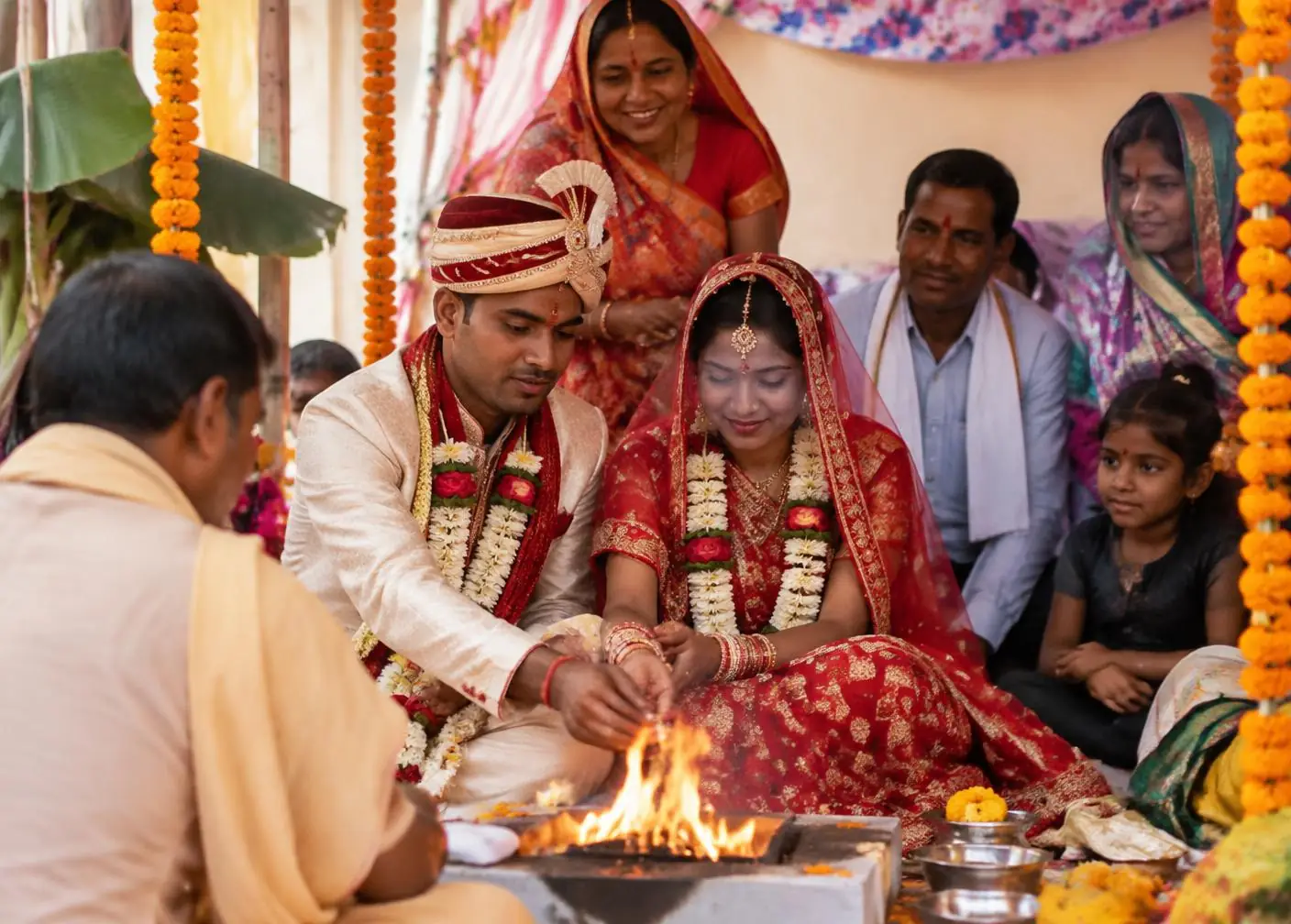 A modest North Indian wedding ceremony with the couple seated before the sacred fire, family members around them