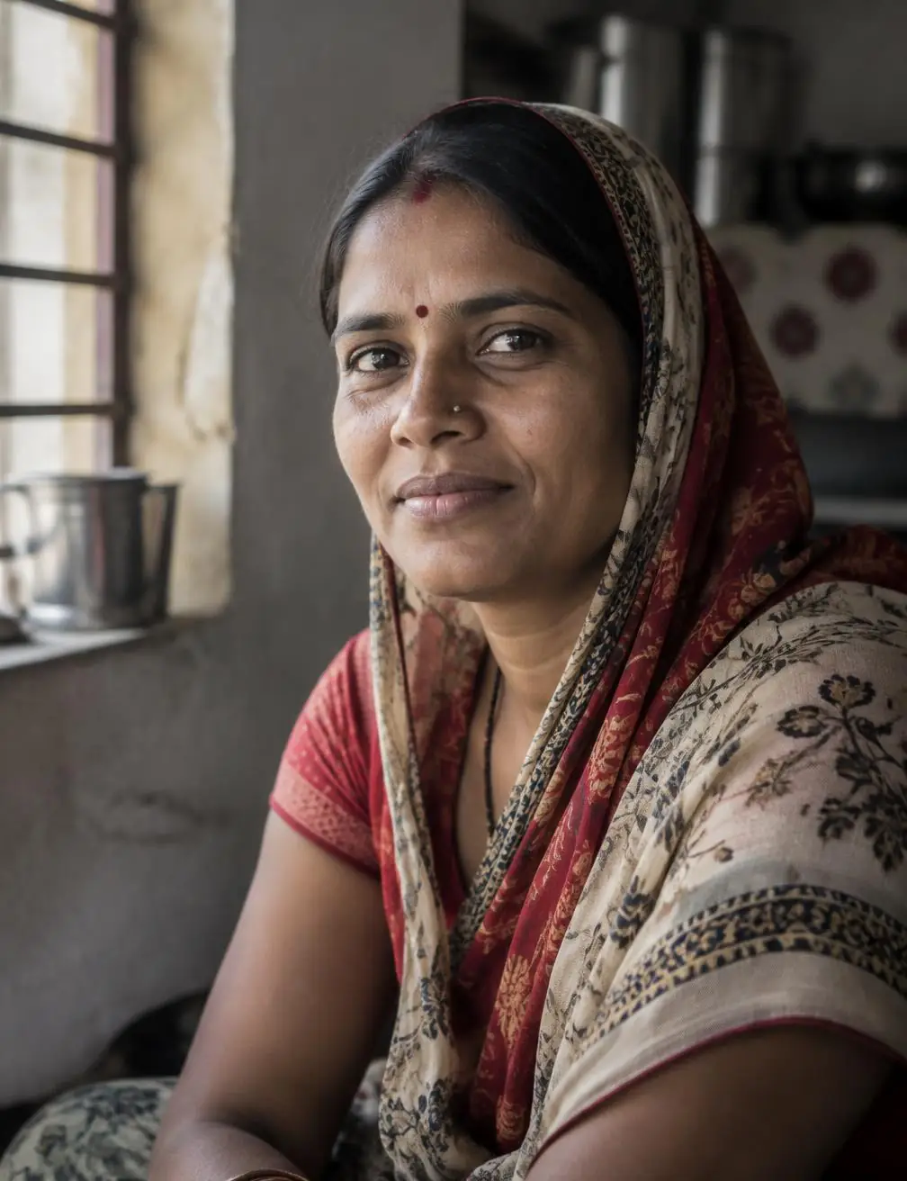 Portrait of a woman from a semi-rural North Indian community in soft window light