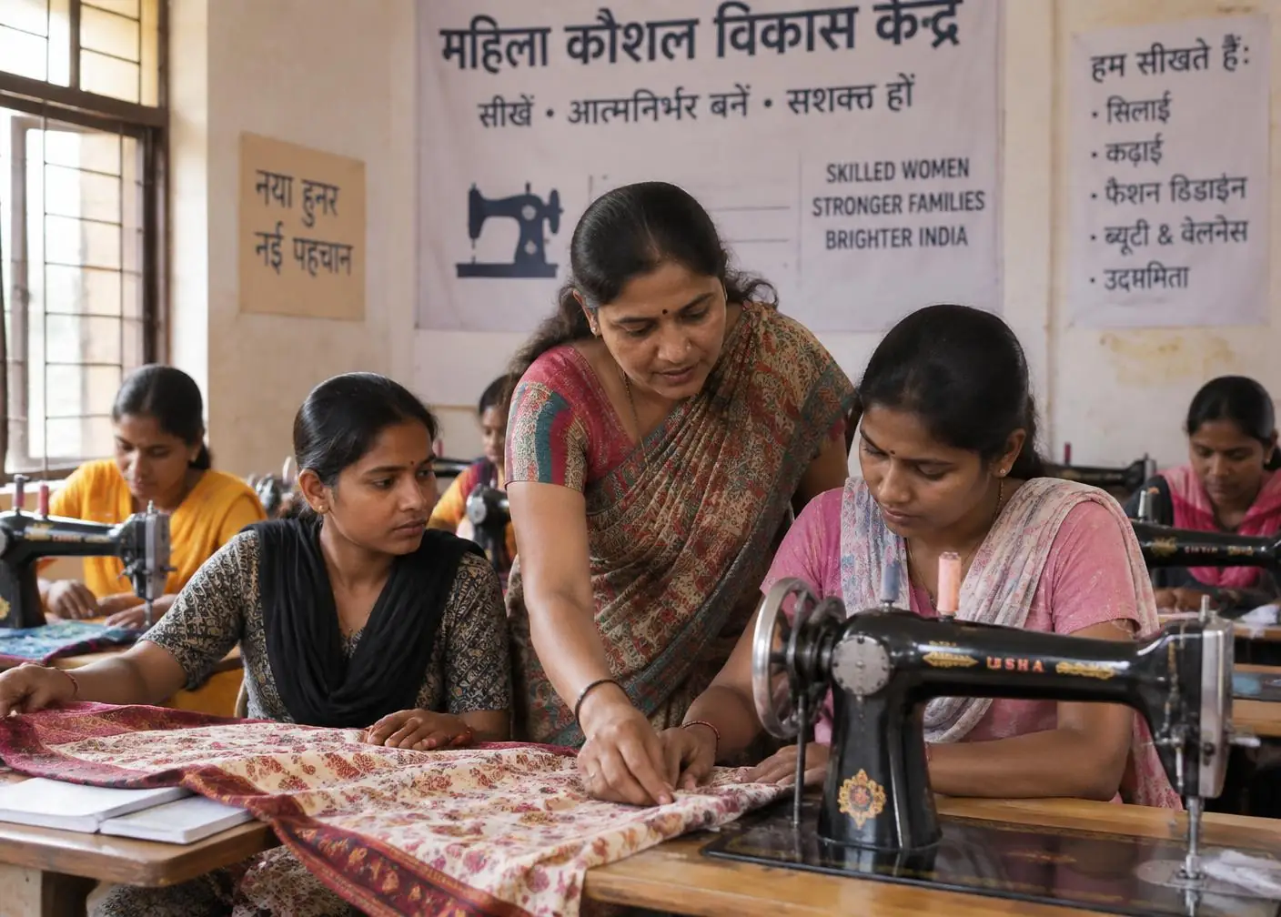 Women learning tailoring on treadle sewing machines at a women's skill training centre, guided by an instructor