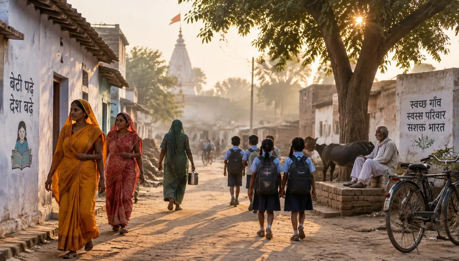 Early morning in a village lane in Uttar Pradesh, women walking and children heading to school
